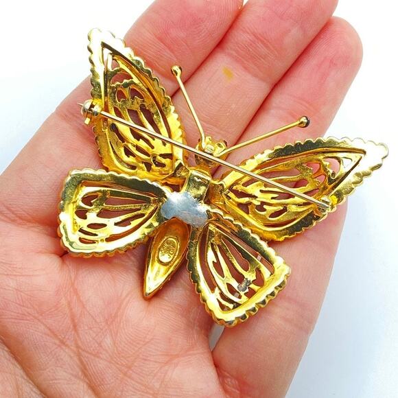 RARE 1940s VOGUE JEWELRY Butterfly Vintage Brooch Gold Tone Red Color Crystals - Picture 10 of 12